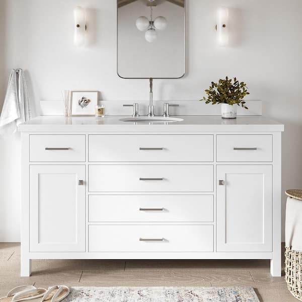ARIEL Bristol 61 in. W x 22 in. D x 36 in. H Freestanding Bath Vanity in White with Pure White Quartz Top