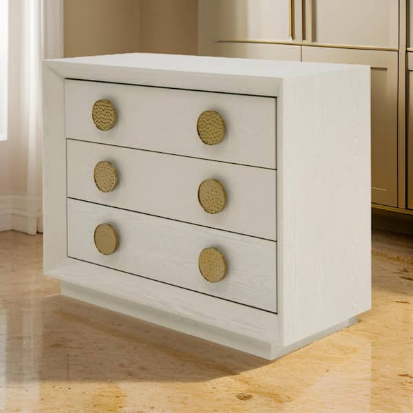 Benjara 39 in. Cream White and Gold 3-Drawers Wooden Nightstand