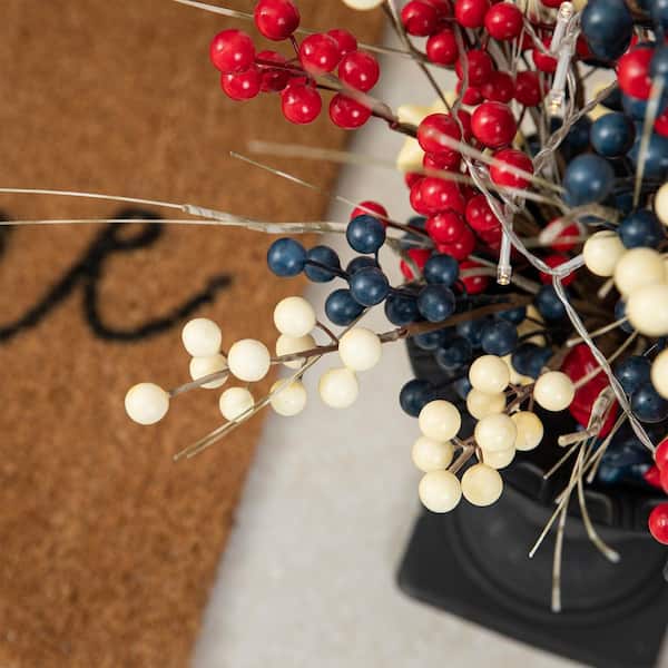 Glitzhome 36 in. H Patriotic / Americana Lighted Berry and Stars Urn Porch Tree, 20 Warm White Lights with Timer 2042000001
