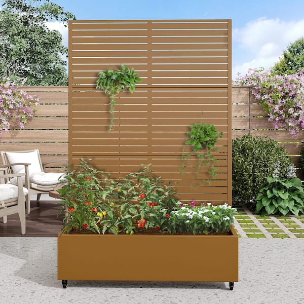 72 in. H x 47 in. W Rectanglar Brown Outdoor Metal Privacy Screen Planter Box Wall Decor in Louvered Pattern