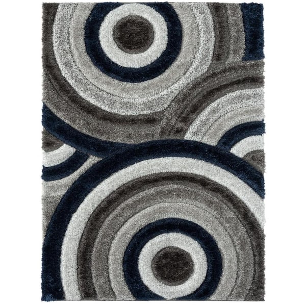 LUXE WEAVERS Lantanas Collection Navy 5 ft. x 7 ft. Shag Geometric Circles Polypropylene Area Rug