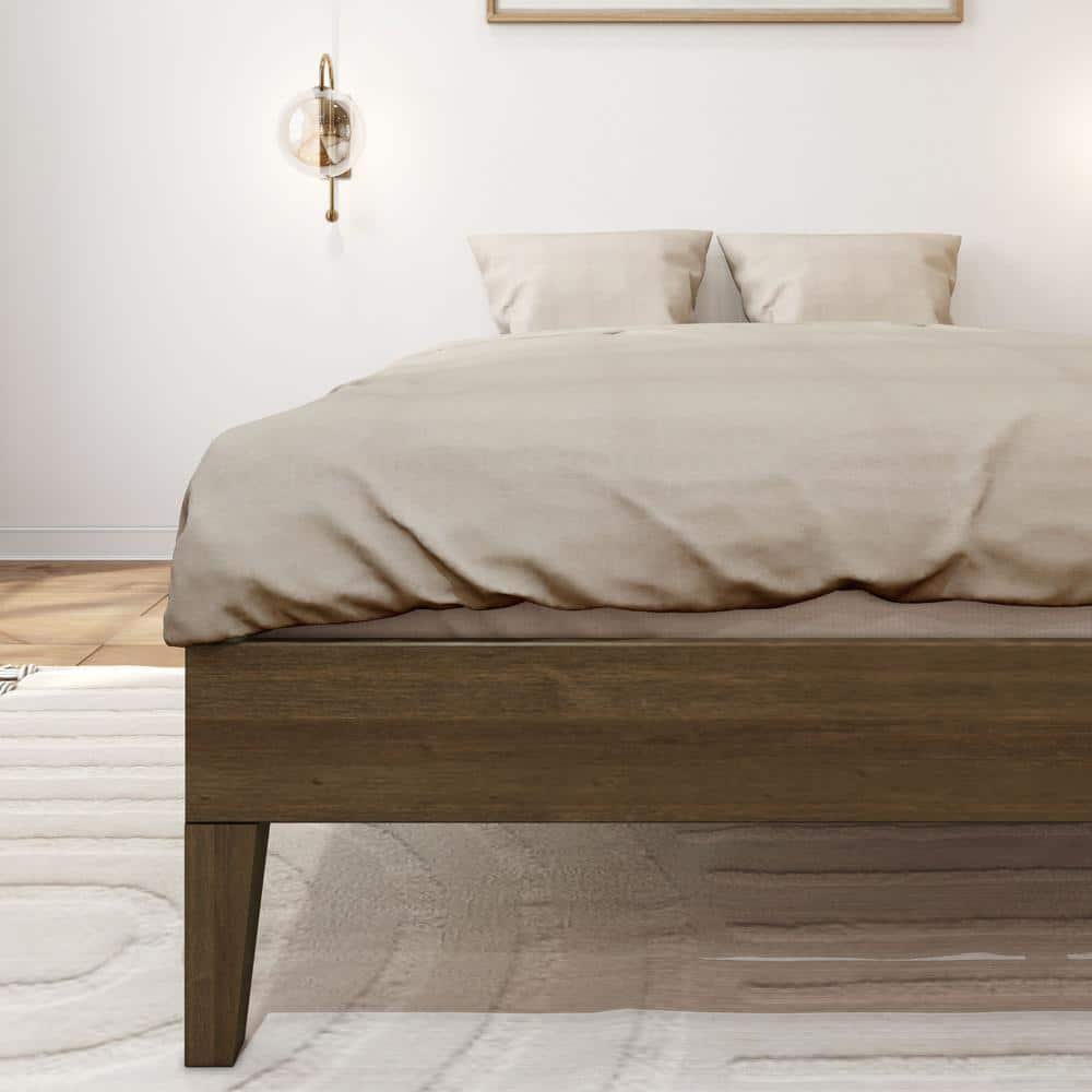 Walnut Full Size Solid Pine Platform Bed Frame with Slats