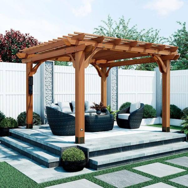 Beaumont 12 ft. x 12 ft. Light Brown Cedar Wood Outdoor Patio Pergola with Trellis Roof and PowerPort