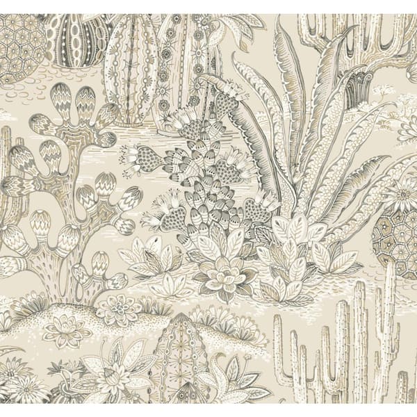 324 in. x 27 in. Beige Lotus Land Cacti Wallpaper Roll