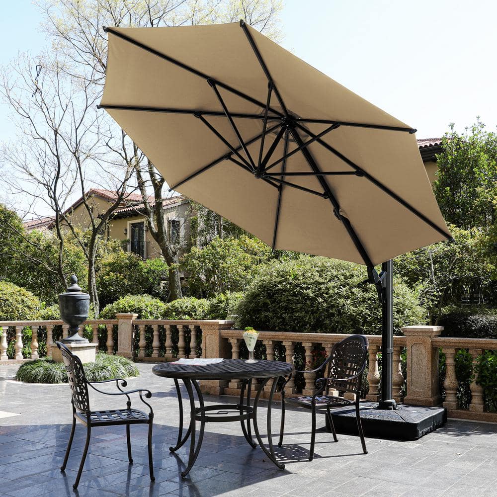 Khaki Round Cantilever Patio Umbrella with Black Steel Pole