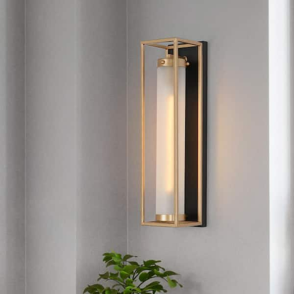 1-Light Dark Gold Modern Wall Sconce, Tube Frosted Glass Black Wall Light, Farmhouse Geometric Bathroom Vanity Light