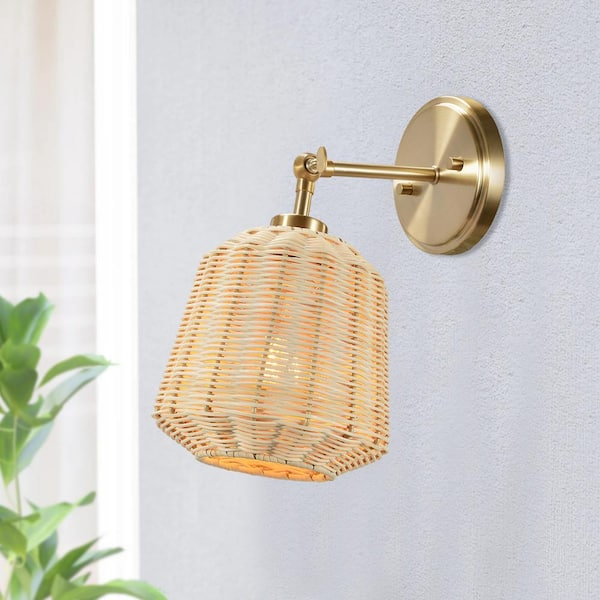 Prime Ray Alora Boho 1-Light 60-Watt Adjustable Swivel Swing Arm Wall Sconce with Beige Rattan Shade and Brass Hardware