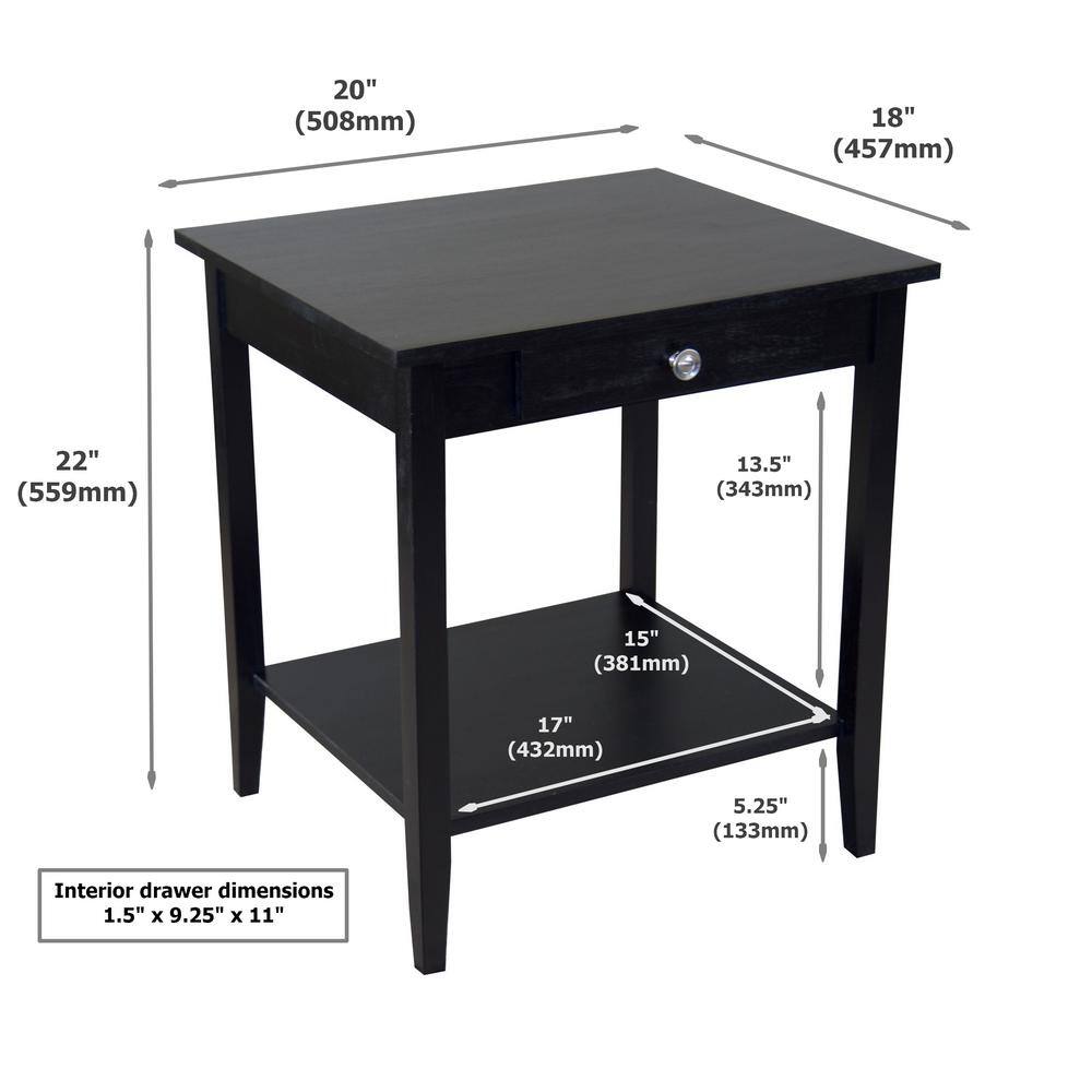 Black Solid Acacia Wood End Table with Drawer and Shelf