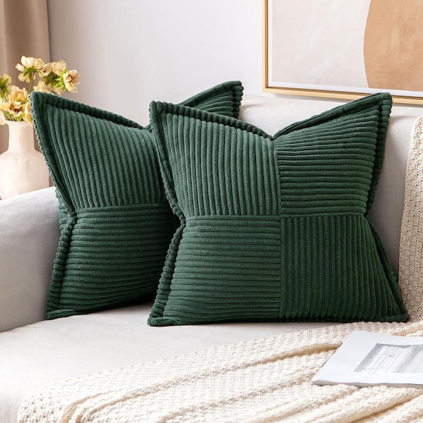 Boho Striped Corduroy 18 in. x 18 in. Throw Pillow Cover Set of 2 Dark Green