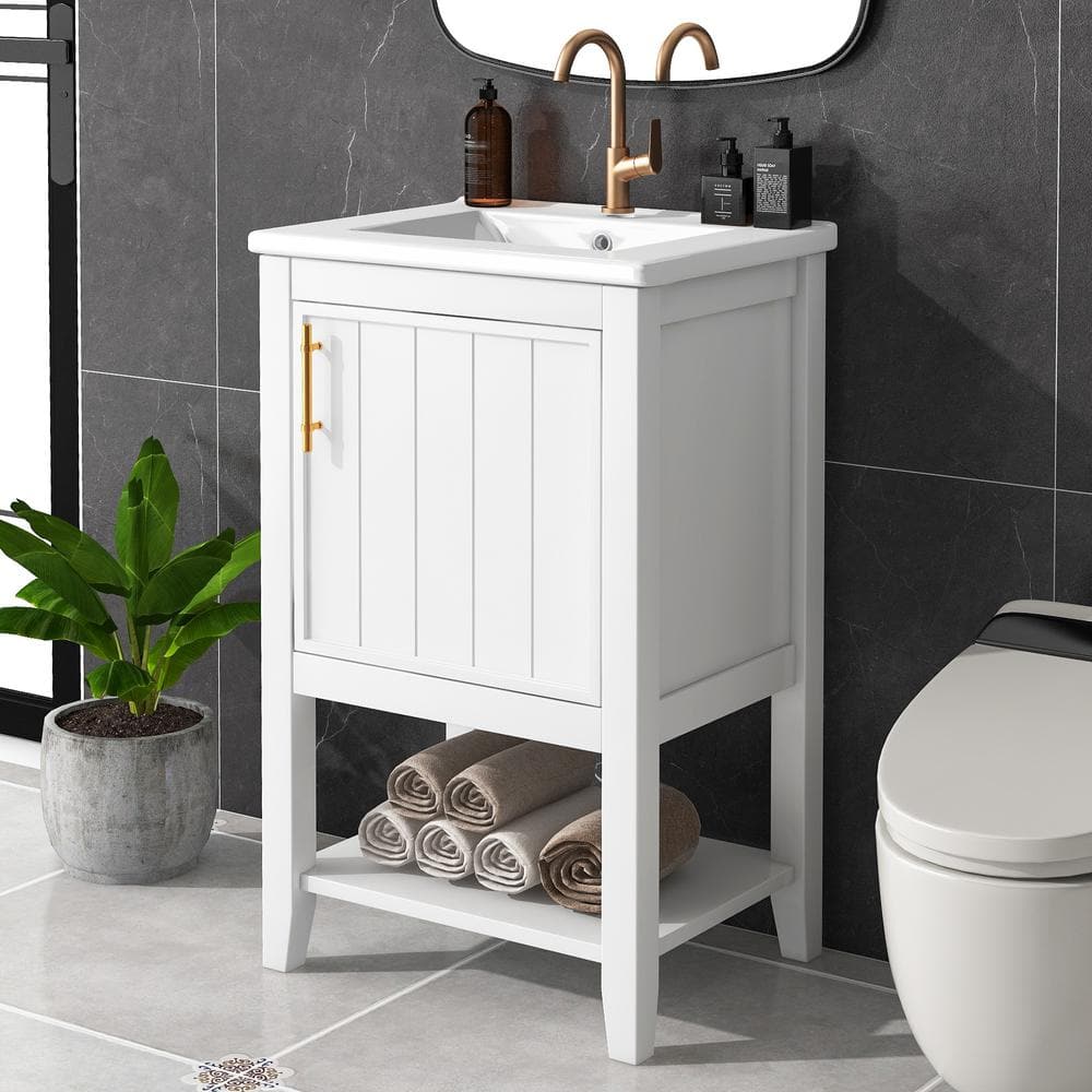 20 in. W x 15.5 in. D x 33.5 in. H Freestanding Bath Vanity in White with White Ceramic Top with Door and Open Shelf price history on PriceWatchPro