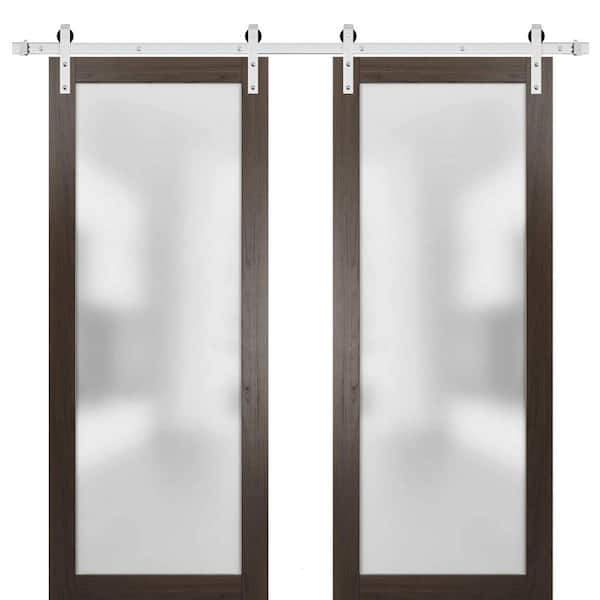 Sartodoors 18 in. x 80 in. 2 Panel Frosted Glass Chocolate Ash Solid Wood Sliding Barn Door with Hardware Kit