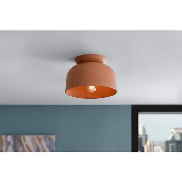 Home Decorators Collection Grangehill 12.13 in. 1-Light Brown Terracotta Flush Mount with Metal Shade