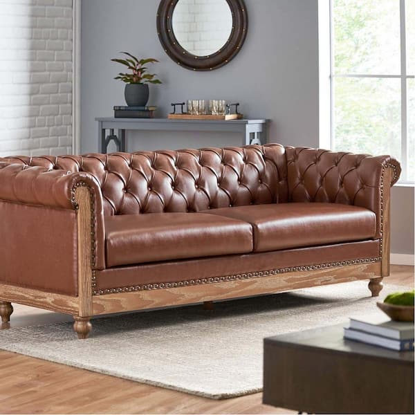 CHRISTOPHER KNIGHT HOME Retro Style 79 in. W Rolled Arm Faux Leather Rectangle Sofa in Dark Brown with Button-Tufted Backrest, Wooden Legs