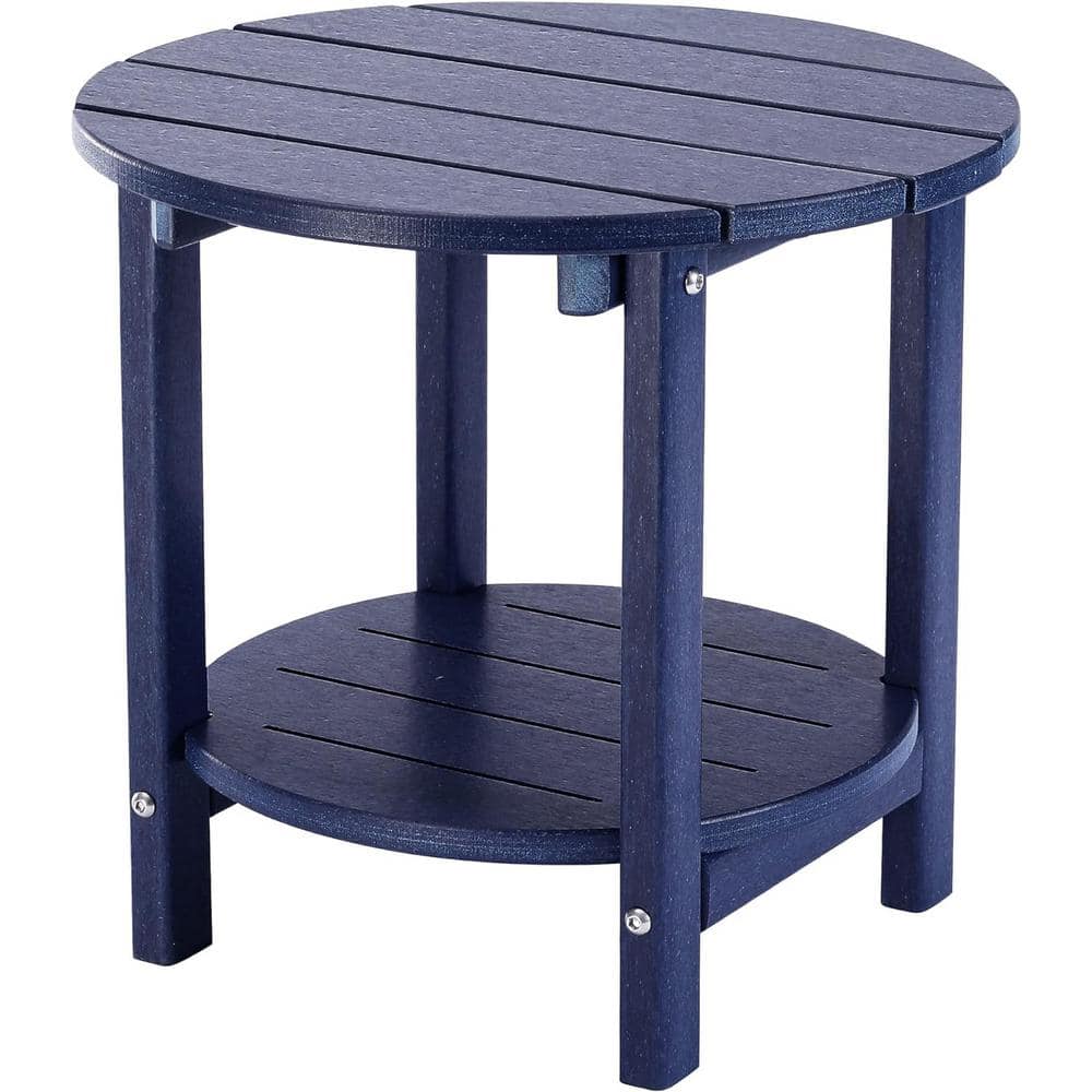 Navy Blue Round HDPE Outdoor Side Table with Storage Shelf for Patio, Backy