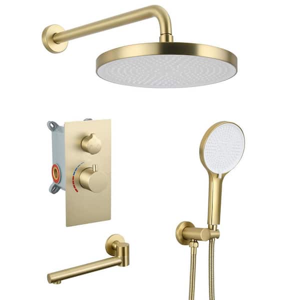 Single Handle 5-Spray Shower Faucet 2.0 GPM with 10 in. Round Spot Resistant Shower Head in Brushed Gold