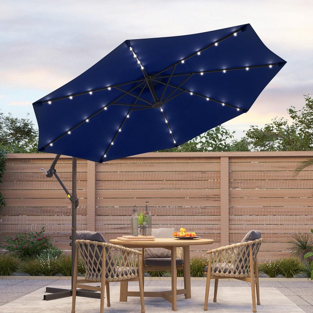 blue patio umbrella with lights Backyard Expressions 9ft Solar 32 LED Crank handle is convenient for effortlessly open and close the umbrella MAISON ARTS 13ft Double -Sided