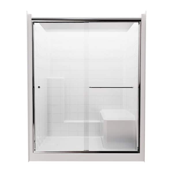 Standard 60 in. x 36 in. x 77 in. 1-Piece Shower Kit in White with Chrome Shower Door, Right Seat and Left Drain