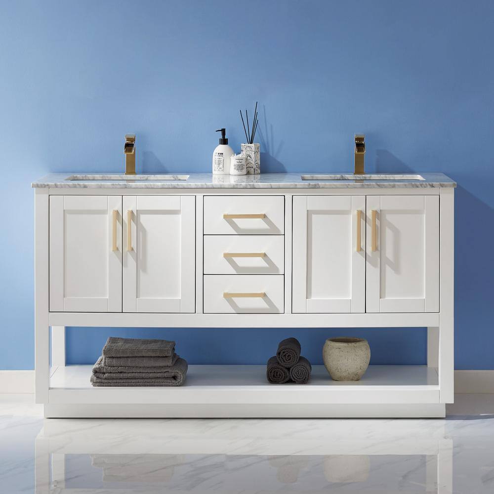 Remi 60" White Marble Double Vanity with Gold Hardware