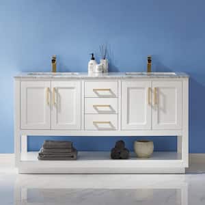 Remi 60 in. Bath Vanity in White with Carrara Marble Vanity Top in White with White Basins