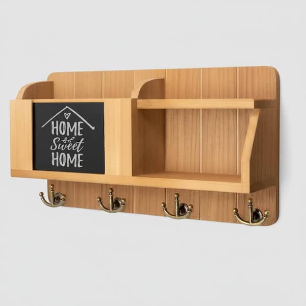 16 in. W x 3.2 in. D Light Brown Wood Decorative Wall Shelf Mail Organizer Wall Mount with Chalkboard & Sayings