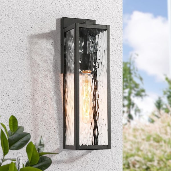 LNC Modern Black 1-Light Outdoor Wall Lantern Rectangle 16.5 in. H Front Door Outdoor Wall Sconce with Textured Glass Shade