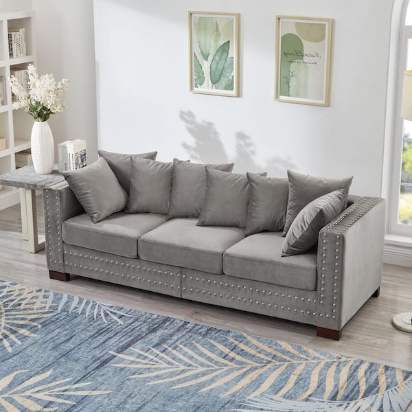 84.5 in. Grey Velvet Rectangle Sofa with Storage, 3-Seater Couch with Silver Nailhead Trim and Square Arms