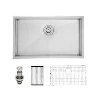 30 in. Single Bowl 18-Gauge Brushed Nickel Stainless Steel Right Angle Kitchen Sink with Bottom Grid