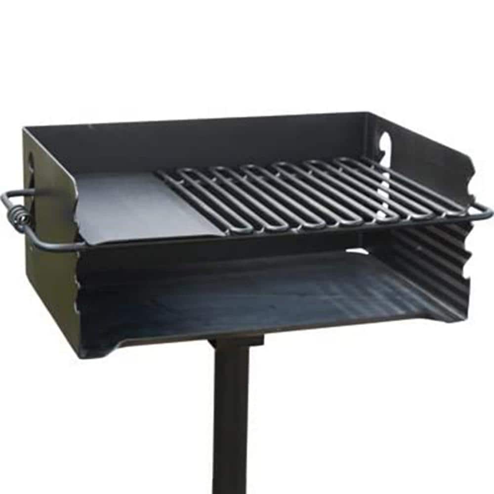 Portable Charcoal Grill in Black Jumbo Park Style Steel Outdoor BBQ and Post