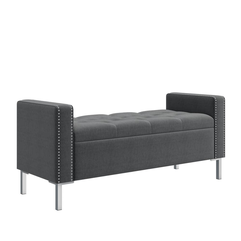 Charcoal Gray Velvet Tufted Storage Ottoman with Square Arms and Pewter Nailhead Trim