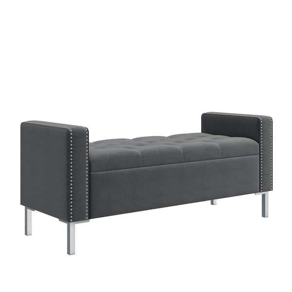 Handy Living Charcoal Gray Plush Velvet Fabric Modern Square Arm Rectangle Storage Bench 52 in. Ottoman with Nailheads and Tufted Top
