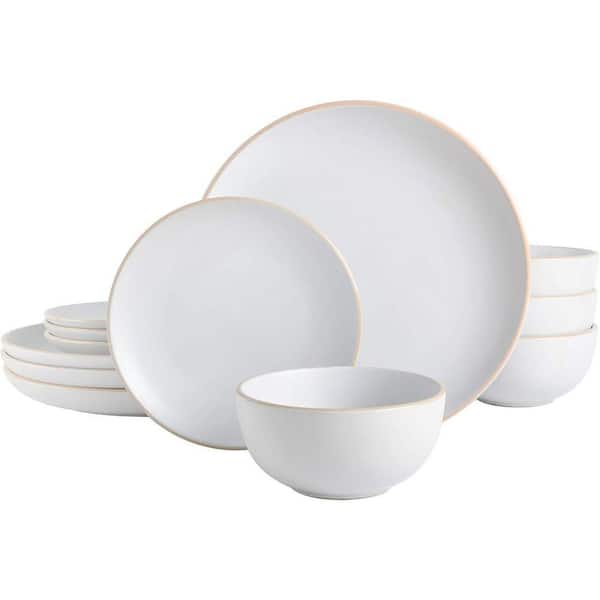 12-Piece White Modern Stoneware Kitchen Dinnerware Sets with Plates and Bowls (Service for 4)