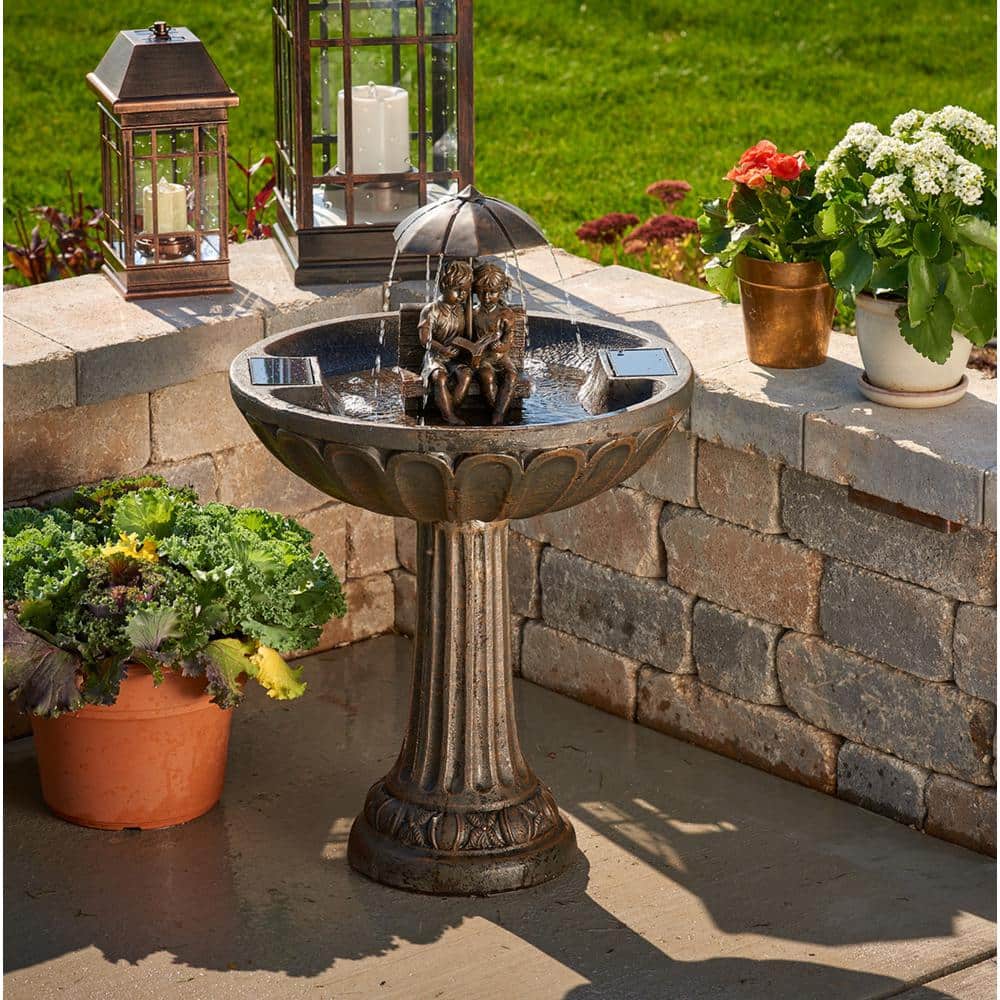 Aged Bronze Solar Powered Fountain with Boy and Girl Reading