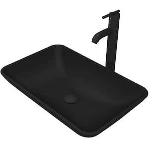 Matte Shell Hadyn Glass Rectangular Vessel Bathroom Sink in Black with Seville Faucet and Pop-Up Drain in Matte Black