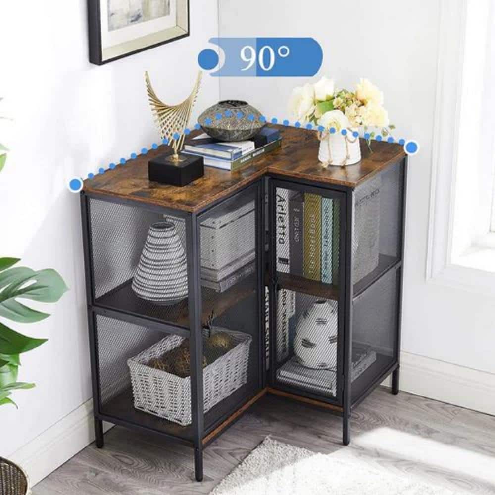 Vecelo 3-tier corner storage cabinet in brown and black, styled with decor and a 90-degree angle indicator.