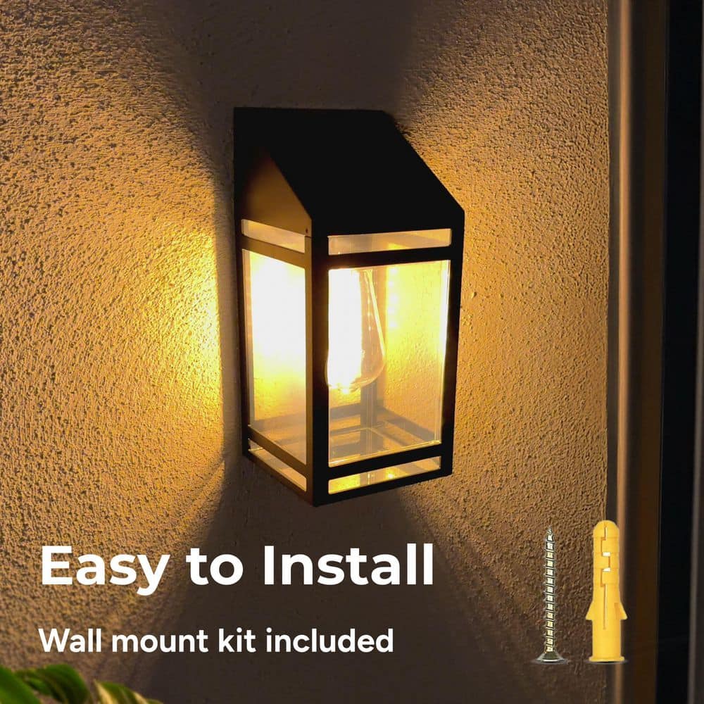 Black Solar LED Wall Lantern with Clear Panels