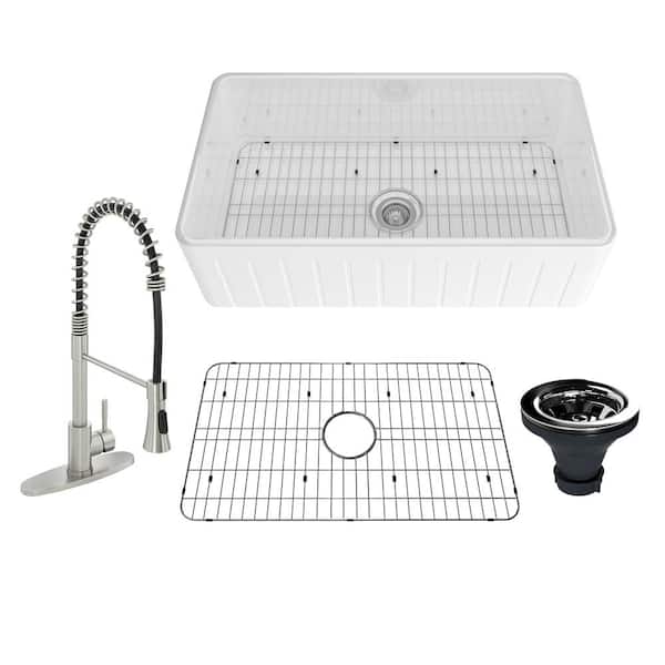Fireclay 33 in. Striped Design Reversible Installation Single Bowl Farmhouse Apron Kitchen Sink with Kitchen Faucet