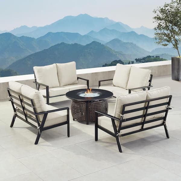 Oakland Living Black 7-Piece Aluminum Patio Fire Pit with 4-Deep Seating Loveseat Light Grey Cushions
