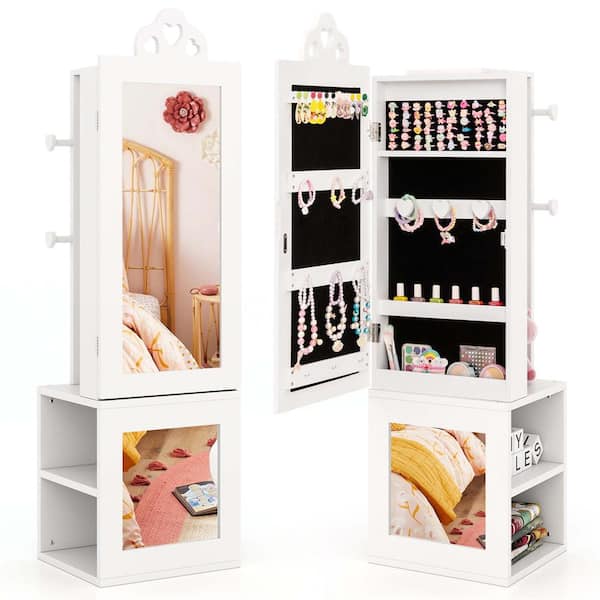 Costway Kids White Wood Jewelry Cabinet Standing Children Jewelry Organizer with Full-Length Mirror