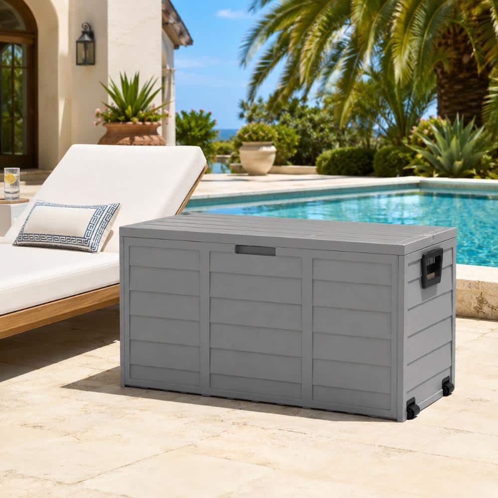 75 Gallon Resin Deck Storage Box with Wheels, Outdoor Storage Bin for Patio Cushions and Garden Tools