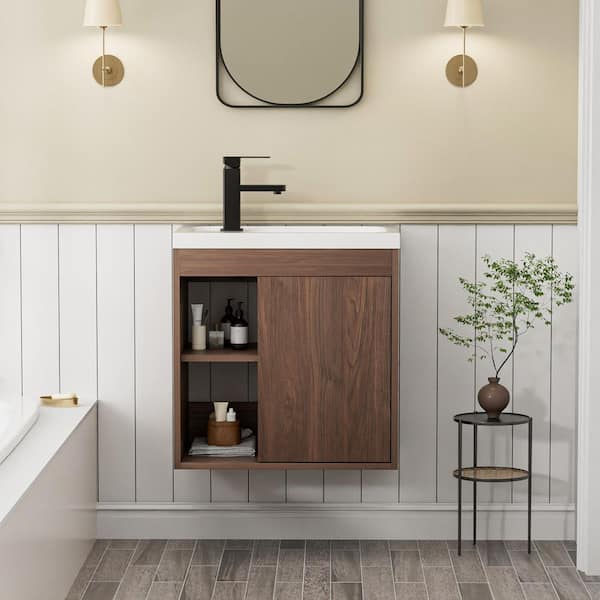 20 in. W x12 in. D x 21.6 in. H Single Sink Floating Bath Vanity in Walnut with White Resin Top and Faucet Drain Set