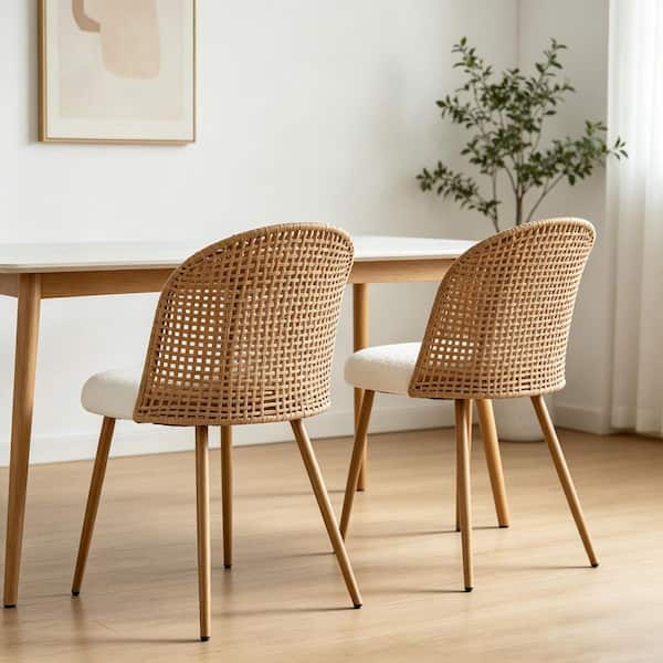 Brown Woven Back Cushioned Side Chair Set of 2 with Teddy Fleece Seat and Metal Legs
