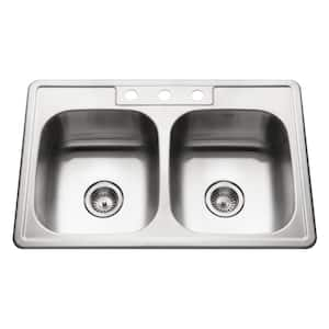 Houzer Glowtone 33 in. Stainless Steel Topmount 3-hole 50/50 Double Bowl 8 in. Deep Kitchen Sink - 3322-8BS3-1