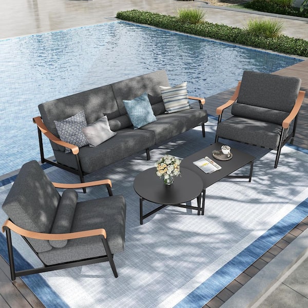 Modern Minimalist 5-Piece Oversized Luxury Metal Patio Conversation Set with Gray Cushions and 2-Coffee Tables