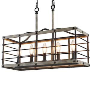 Rectangular Abigail 5-Light Bronze Farmhouse Rustic Open Cage Lantern Island Candle Chandelier with Wood Accent