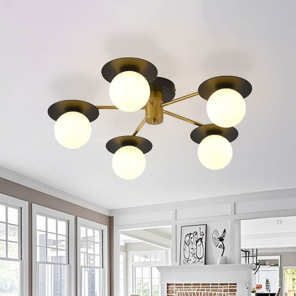22.91 in. 5-Light Matte Black and Gold Industrial Semi-Flush Mount With Black Metal Discs Shade and White Glass Shade