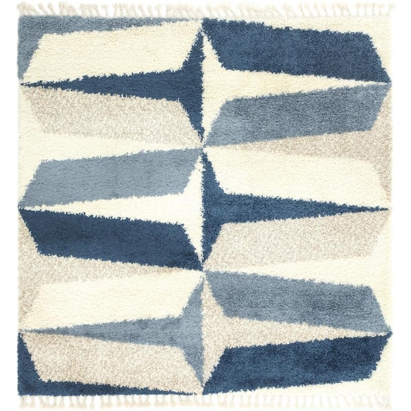 Unique Loom Hygge Shag Balanced Blue 8 ft. x 8 ft. Square Rug