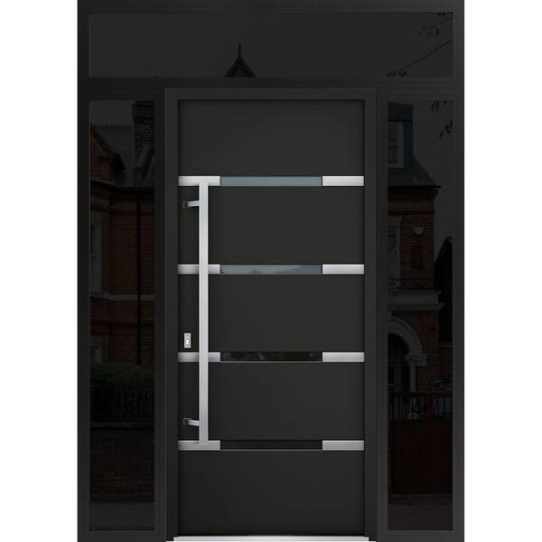 VDOMDOORS 68 in. W. x 80 in. Right-Hand/Inswing 3 Sidelights Full Clear Glass Black Enamel Steel Prehend Front Door with Hardware