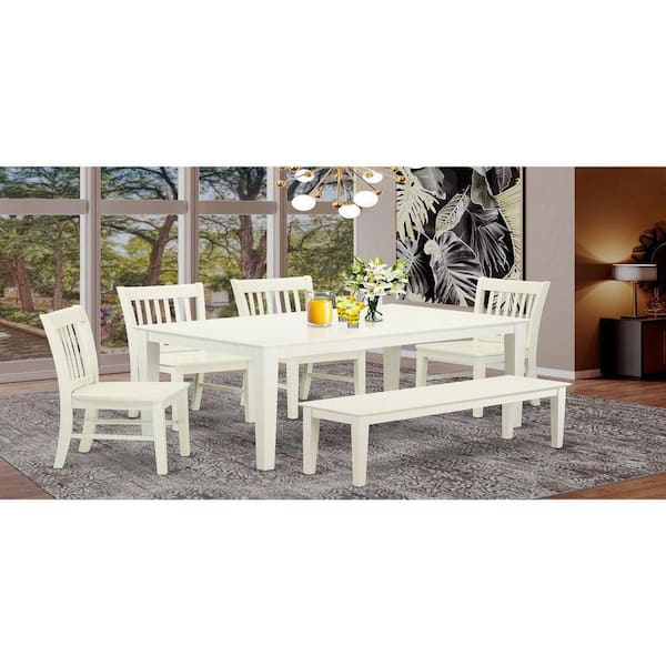 6-Piece Rectangle Linen White Finish Solid Wood Top Dining Table with 1 Bench, 4 Chairs with Lattice Back