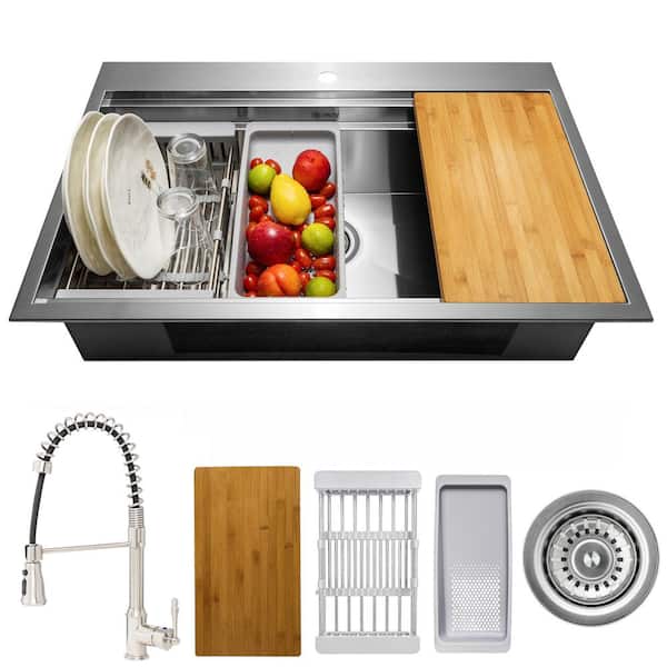 AKDY Handmade All-in-One Topmount Stainless Steel 33 in. x 22 in. Single Bowl Kitchen Sink w/ Spring Neck Faucet, Accessory