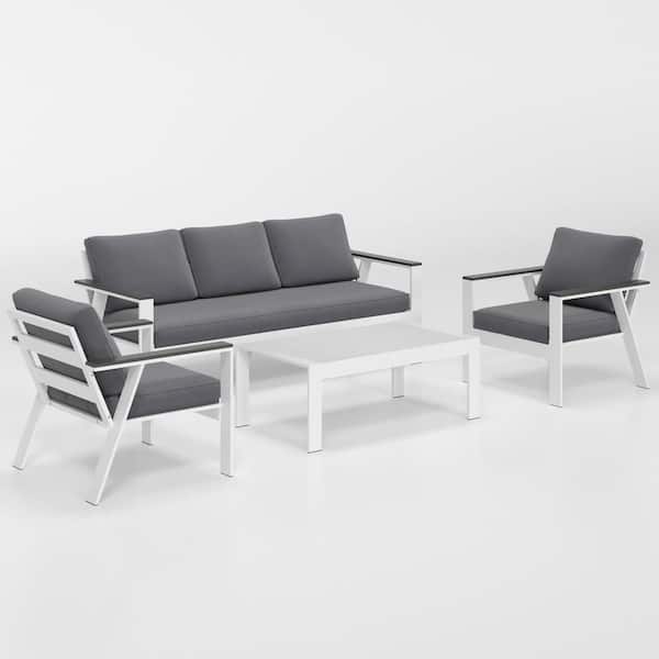 SUNVIVI 4-Piece Aluminum Patio Conversation Set, White Frame Gray Cushion